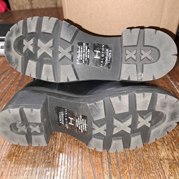 Size 11 H Halston Black Manila Gold Chain Lug Sole Bootie Chunky Boots - Picture 3 of 10